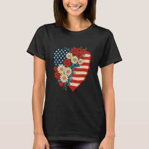 Camiseta Floral American Flag Heart 4 de julho EUA