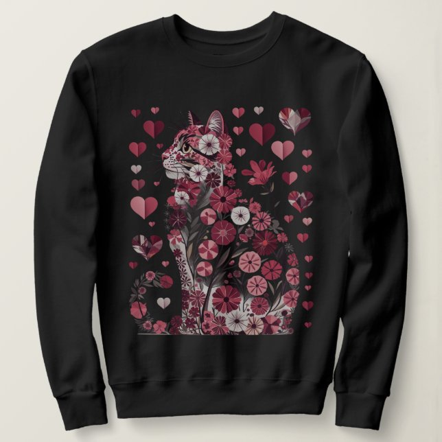 Camiseta Floral Cat of Love – Romantic Pink Botanical Kitty (Frente do Design)