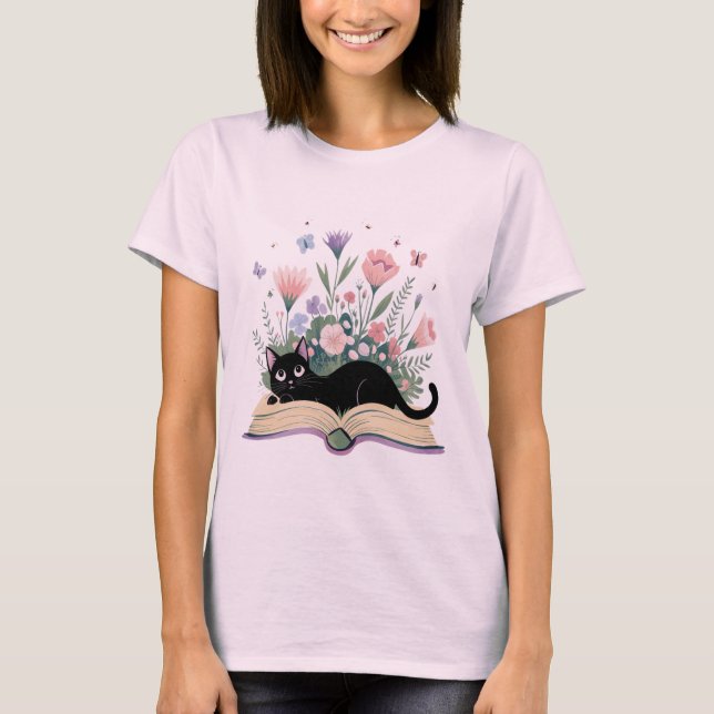 Camiseta Floral Cat Shirt, Cat Lover T-shirt, Cat Book (Frente)