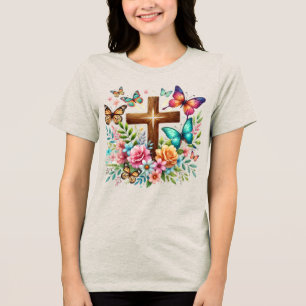 Camiseta Floral Christian Cross Borboletas Religiosas