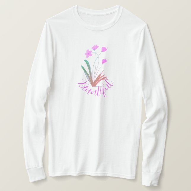 Camiseta Floral Cor-de-rosa com inclinação longa acentuada (Frente do Design)
