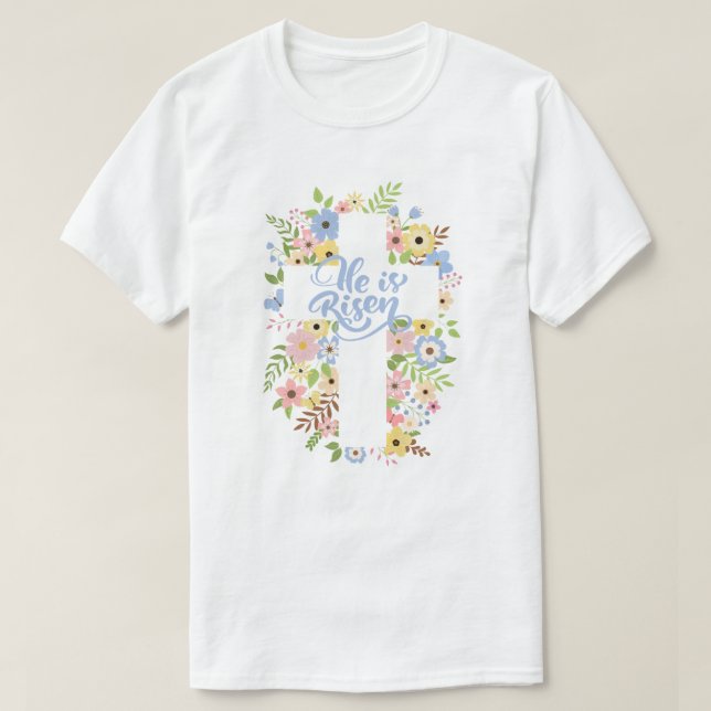 Camiseta Floral Cross Ele é Risen Páscoa Unisex (Frente do Design)