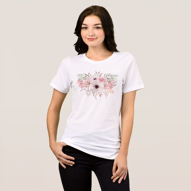 Camiseta Floral de Cor de Água Rosa Moderna | Branco femini (Frente Completa)