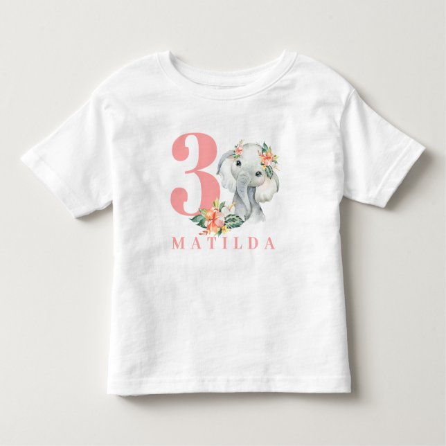 Camiseta floral de elefante aniversário de 3 anos (Frente)