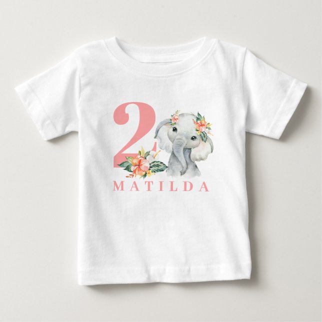 Camiseta floral de elefante segundo aniversário (Frente)