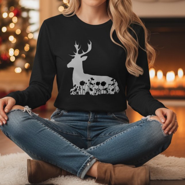 Camiseta Floral Deer Nature Wildlife Christmas Gift (loral Deer Silhouette T-Shirt Nature Wildlife Christmas Gift)
