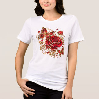 Camiseta Floral Elegante Rosa Vermelha e Borboleta