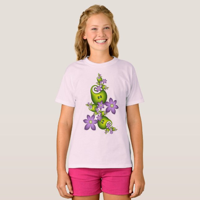 Camiseta Floral Fantasy Lilac Flores Verde Formas Fractais (Frente Completa)