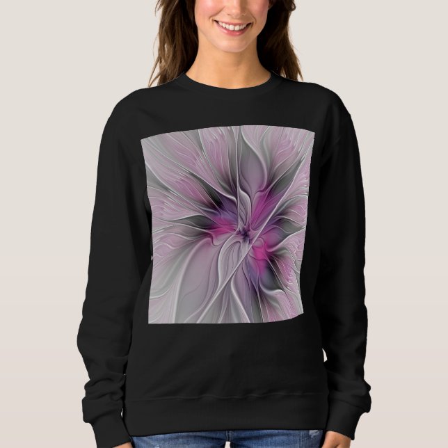 Camiseta Floral Fractal Moderno Abstrato Flor Rosa Cinza (Frente)