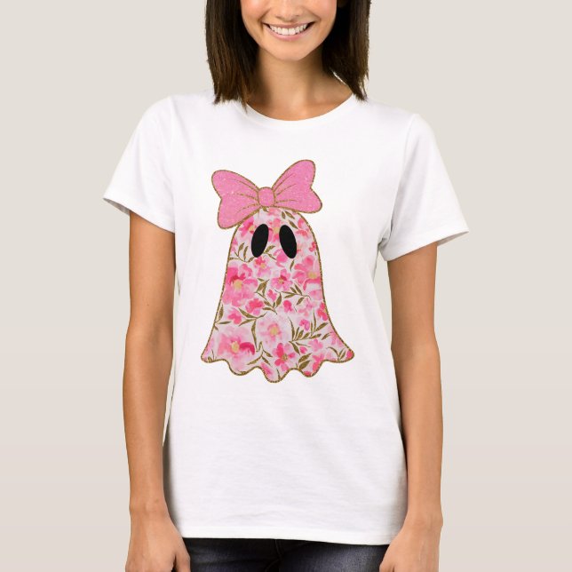 Camiseta Floral Ghost – Brilho Rosa e Dourado  (Frente)