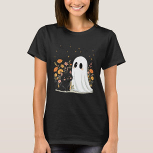 Camiseta Floral Halloween Fantasma Gato Preto Temporada Ass