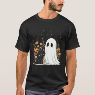 Camiseta Floral Halloween Fantasma Gato Preto Temporada Ass