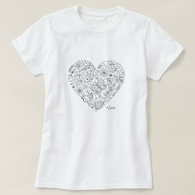Camiseta Floral Heart Doodle Romantic Botanical Line Art (Frente do Design)