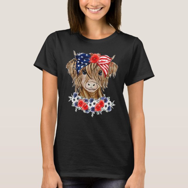 Camiseta Floral Highland Cow Heifer Western Patriotic US Fl (Frente)
