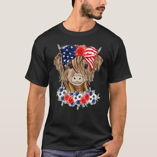 Camiseta Floral Highland Cow Heifer Western Patriotic US Fl (Frente)