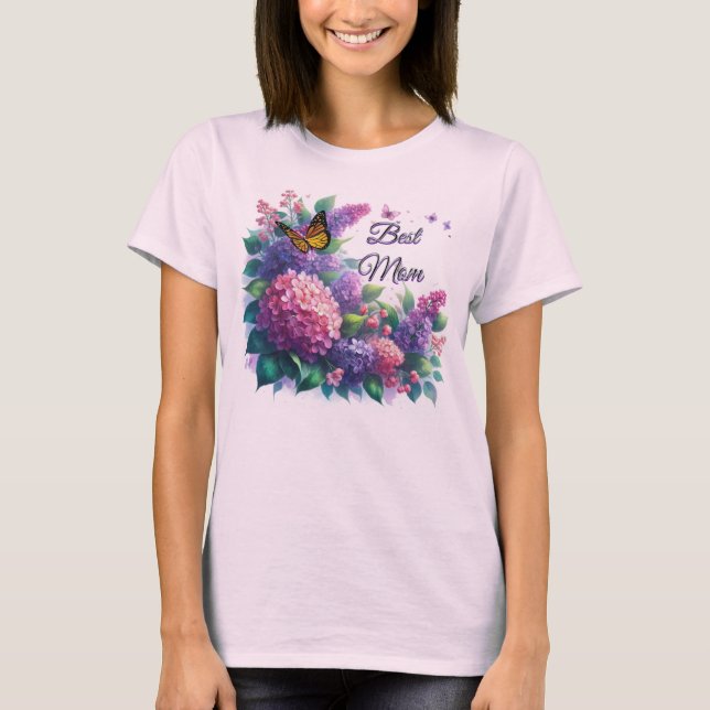 Camiseta Floral Lilases Roxos Melhor Mãe (Frente)