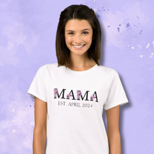 Camiseta Floral Mama Nova Mãe Texto de Mulher