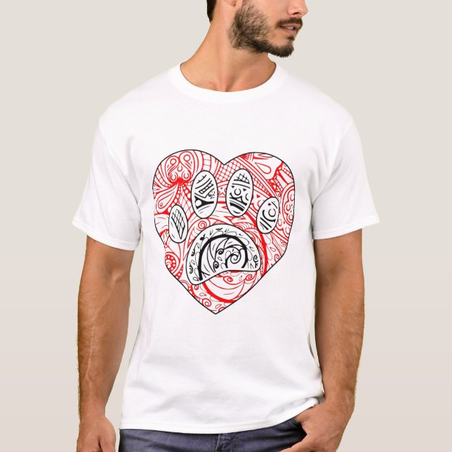 Camiseta Floral Mandala Dog Paw Print Red Heart (Frente)