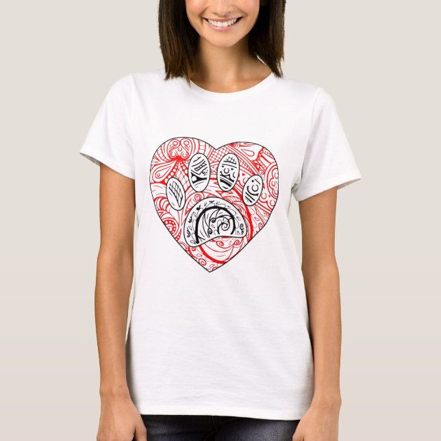 Camiseta Floral Mandala Dog Paw Print Red Heart (Frente)