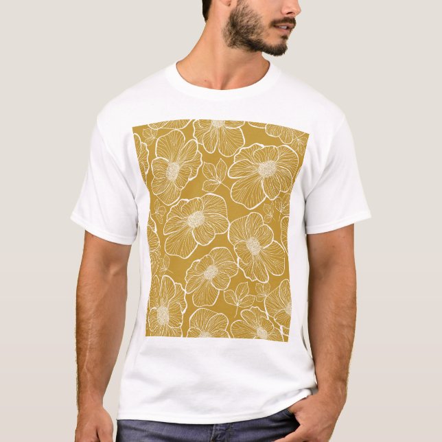 Camiseta Floral monocromático Dourado: Abstrato sem costura (Frente)