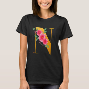 Camiseta Floral N Alfabeto Cute Inicial Monograma - Letra N