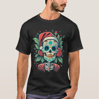 Camiseta Floral Santa Skull with Roses Day of the Dead Art