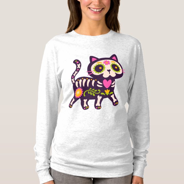 Camiseta Floral Skeleton Cat Delight (Frente)