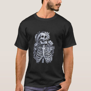 Camiseta Floral Skeleton Flowers Gótico oculto Morte Escuro