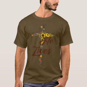 Camiseta Floral Sunflower Ele Vive Fé Cruzando o Cristo de 