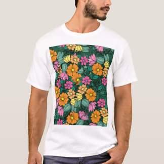 Camiseta Floral Vibrante: Vintagem de Fundo Verde.