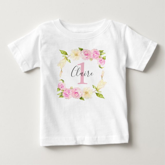 Camiseta Floral Wreath Pink Girl Primeiro Aniversário (Frente)