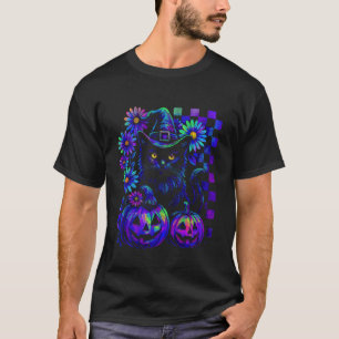 Camiseta Floral Xadrez Retro e Gato Bruxa com Abóboras