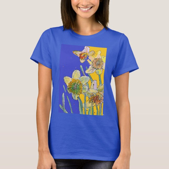 Camiseta Flores Amarelas Amarelas Daffodil Aquarelas Cores  (Frente)
