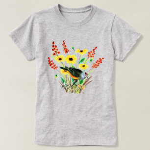 Camiseta Flores Amarelas Aquarela com Pássaro Cinza