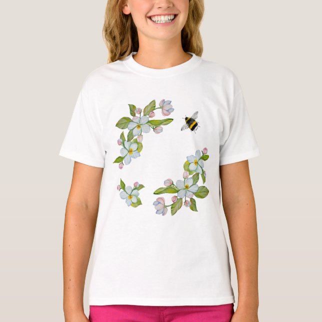 Camiseta Flores aquarelas de árvores de jardim e abelhão (Frente)