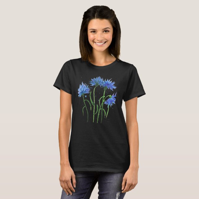 Camiseta Flores azuis Cornflower aquarelas bonito (Frente Completa)
