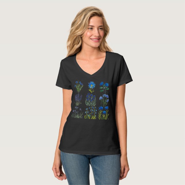 Camiseta Flores Azuis De Cores Aquáticas Flores Selvagens V (Frente Completa)