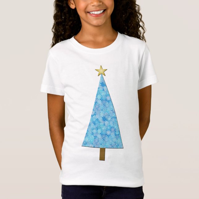 Camiseta Flores azuis em uma árvore de Natal moderna (Frente)
