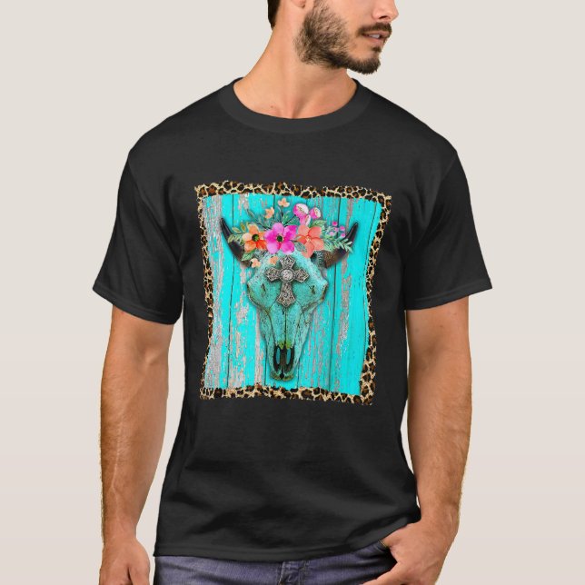 Camiseta Flores Boho Ocidentais Caveira de Touro Vaca Turqu (Frente)