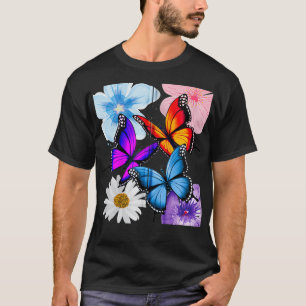 Camiseta Flores bonito e Borboletas Azul Cor-de-rosa Ye