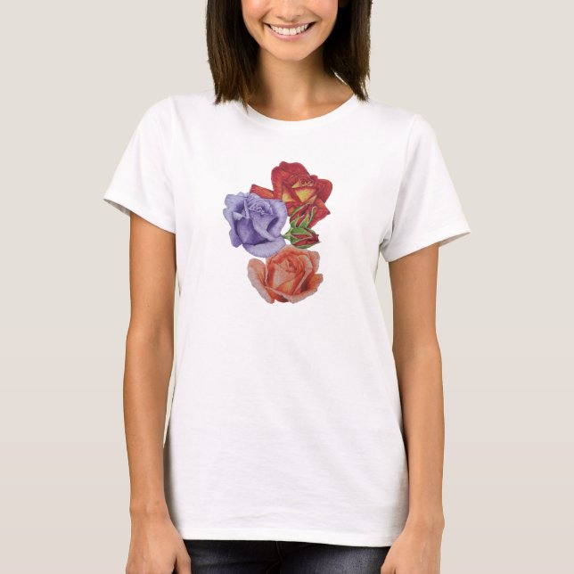 Camiseta Flores bonito, rosas vermelhas e rosas florais (Frente)