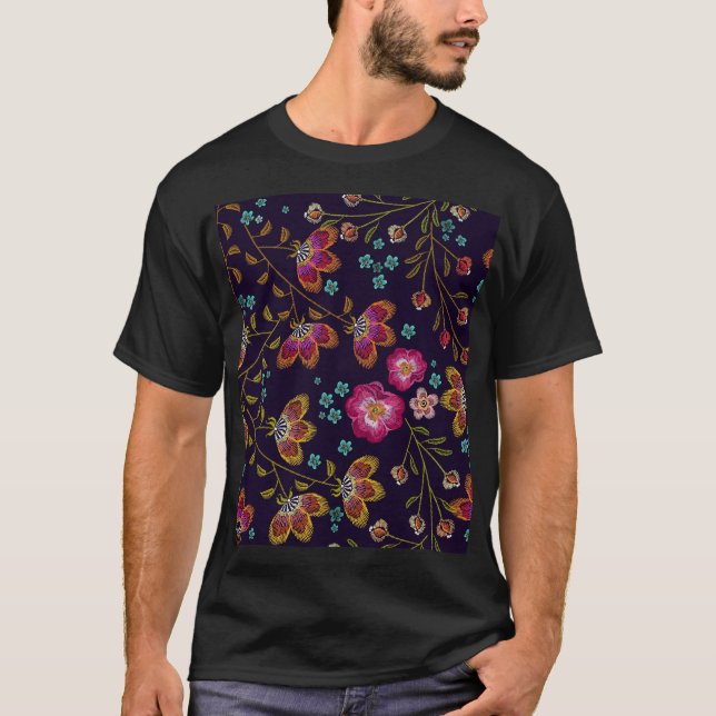 Camiseta Flores bordadas: padrão sem costura de moda (Frente)