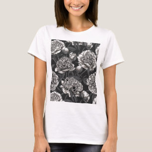 Camiseta Flores brancas de peônia em cinzas escuras