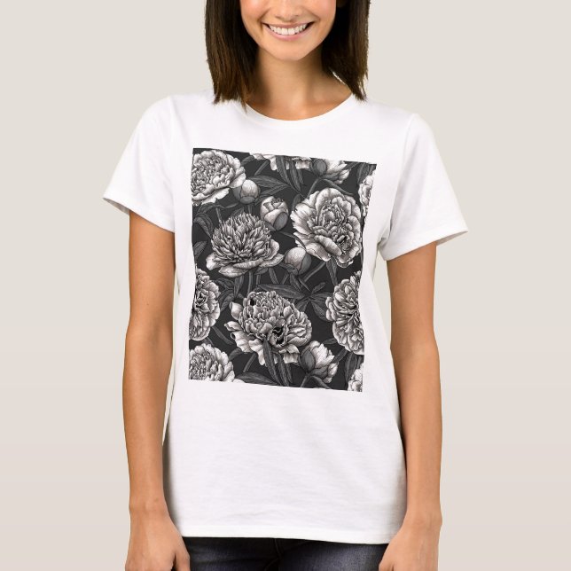 Camiseta Flores brancas de peônia em cinzas escuras (Frente)