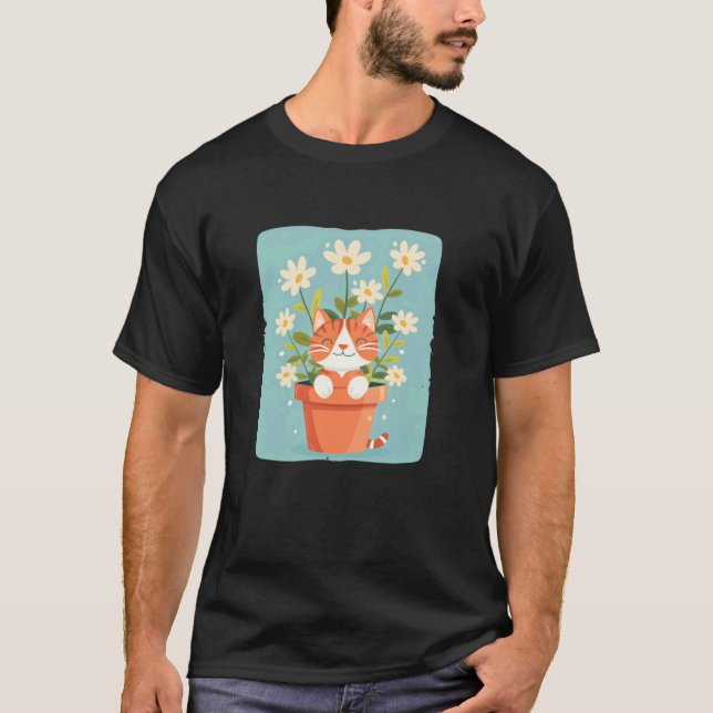 Camiseta Flores Brancas Fofas com Gato Fantasiado de Vaso d (Frente)