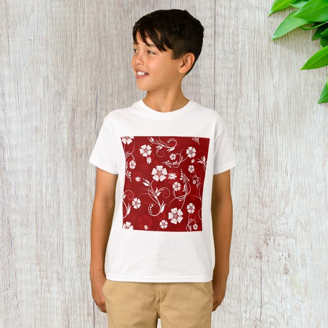Camiseta Flores brancas Fundo Vermelho (Criador carregado)