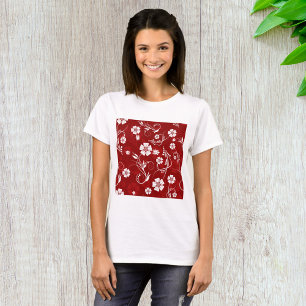 Camiseta Flores brancas Fundo Vermelho