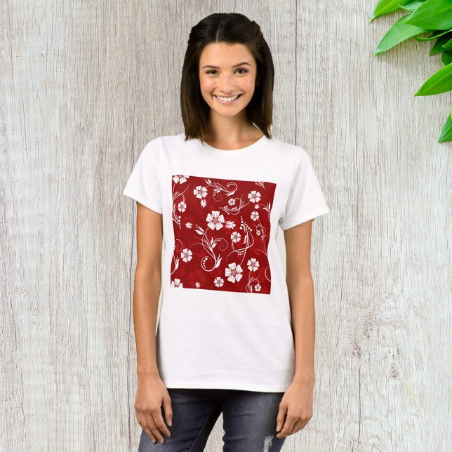 Camiseta Flores brancas Fundo Vermelho (Criador carregado)