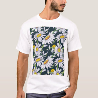 Camiseta Flores Chamomila: Cor Azul Escura Da Água.