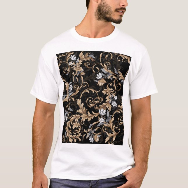 Camiseta Flores clássicas barrocas: fundo negro. (Frente)